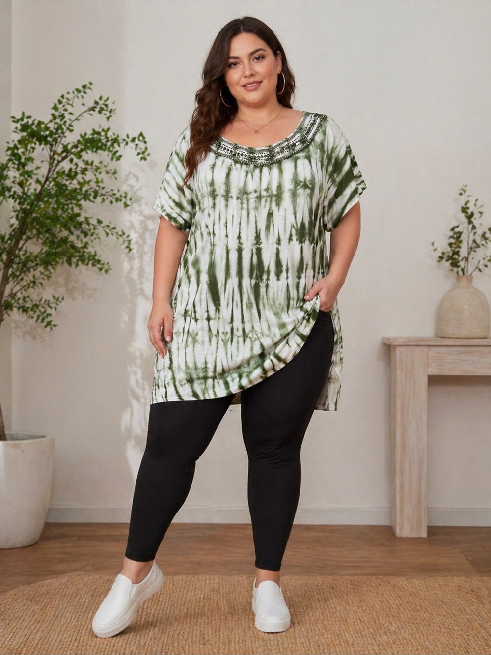 Plus Size Olive Green Tie-Dye Short Sleeve Tunic with Embellished Neckline top